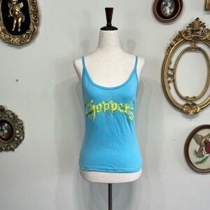 Vintage Y2K Blue Pepe Choppers Graphic Cami Tank Top Blue Yellow Large